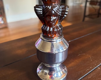 Vintage Avon Spicy After Shave Bottle – Amber Glass & Silver Tone Decanter – Empty Collectible Bottle – 5.5 Inch Tall – Unscrew Top