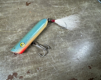 Aqua Blue Wooden Fishing Lure | Top Water Popper, Treble Hooks