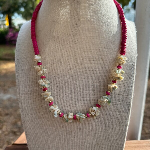 Pink Bead Necklace feat White Puka Shell Chips w Turquoise Accent ~18 inches ~ Boho Chic - Beach Jewelry ~ Nautical ~ Tropical