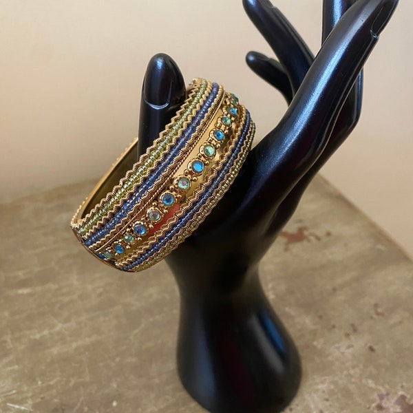 Wide Clip Hinged Bangle Cuff Bracelet with Soft Blue and Green Seed Beads Gems Gold Tone | Boho Chic | Bohemian | Statement Jewelry