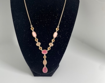 Gold Tone Drop Necklace with Multiple Pink Cat Eye and Gold Faceted Pendants