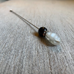 Vintage Black and White Beaded Hatpin with Rhinestones | Hat Pin