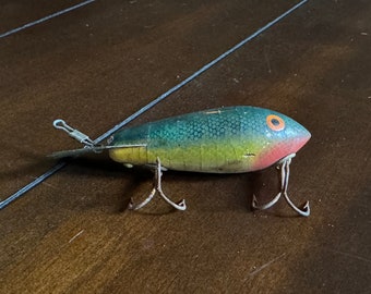 Green Luxon Vintage Wooden Fishing Lure with Treble Hooks