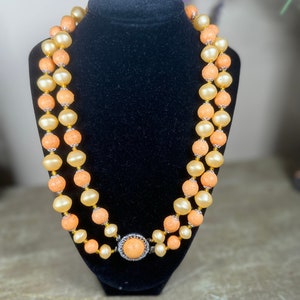 Double Stranded Vintage Beaded Necklace ~ Textured Coral Peach Beads ~ Antique Statement Costume Jewelry ~ Signed Hong Kong