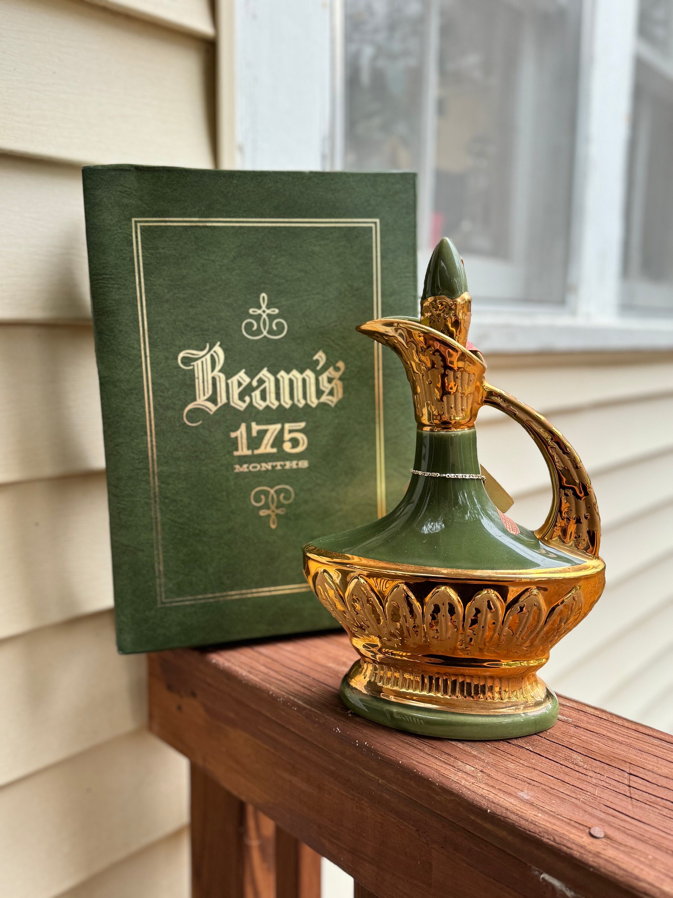 Jim Beam 175 Month Ceramic Vintage Decanter ~ Green Lamp W Gold
