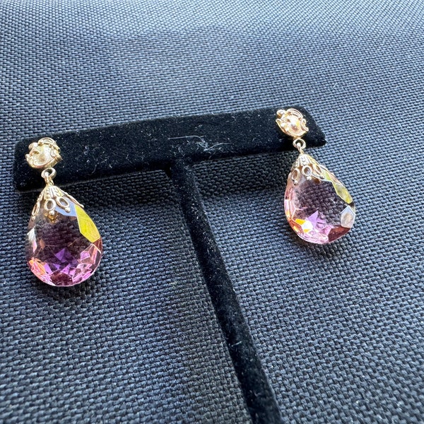 Light Pink Tear Drop Swarovski Crystal Dangle Drop Earrings w Gold Tone Metal ~ Vintage Screwback Earrings