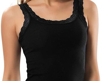 Cotton Tank Tops Lace Trim Camisole for Women, Durable Comfy Soft Stretch Cotton Mother's Day Best Gift Chrismas Gift