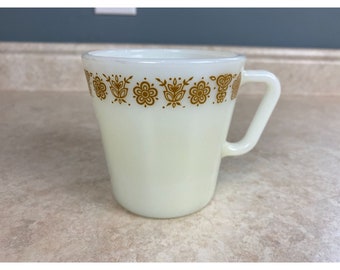 Pyrex Corning Golden Butterfly Flower White Milk Glass Mug