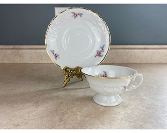 Vintage Wawel Pologne Blanc En Relief Feuille D'argent Rose Rose Tasse À Thé Et Soucoupe Ensemble