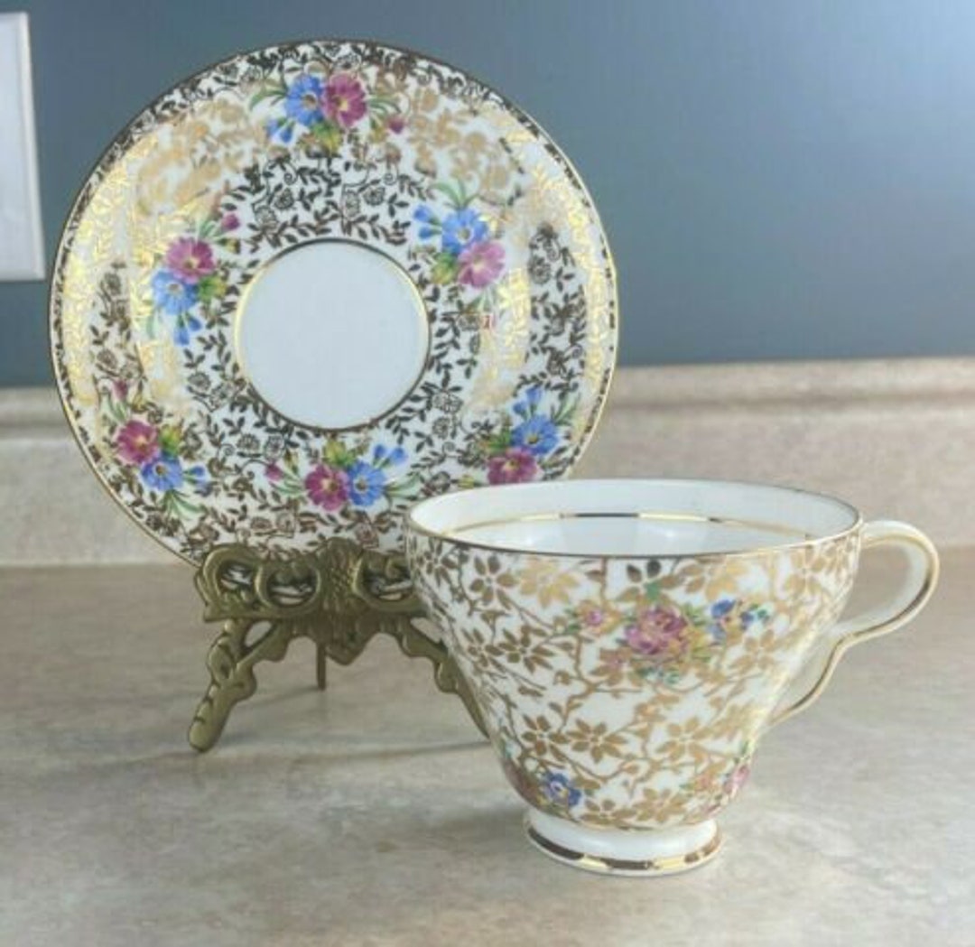 Clare Bone China Tea Cup & Saucer Set Pink Blue Floral W/gold Etsy