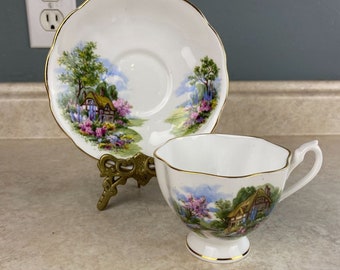 Queen Anne Country Cottage Bone China England Tea Cup And Saucer Set