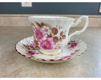 Royal Albert Bone China Brown Leaf Pink Roses Tea Cup And Saucer Set