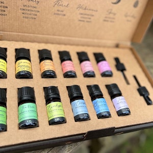 May include: A set of 10 essential oil bottles in a cardboard box. The bottles are labelled with different essential oil names, including Lemon, Tea Tree, Eucalyptus, and Lavender. The bottles are arranged in two rows of five, with a dropper bottle in the centre.
