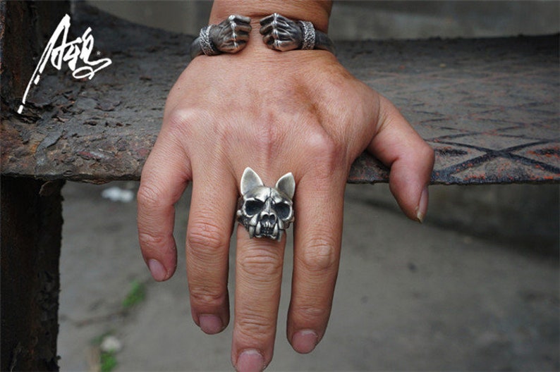 Pagoda Cat Skull Ring 925 Sterling Silver Ring Vintage Image Broken face Raven Ring Dog Animal Ring