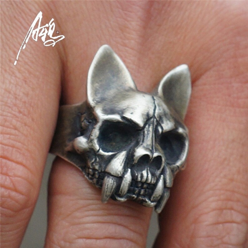 Pagoda Cat Skull Ring 925 Sterling Silver Ring Vintage Image Broken face Raven Ring Dog Animal Ring
