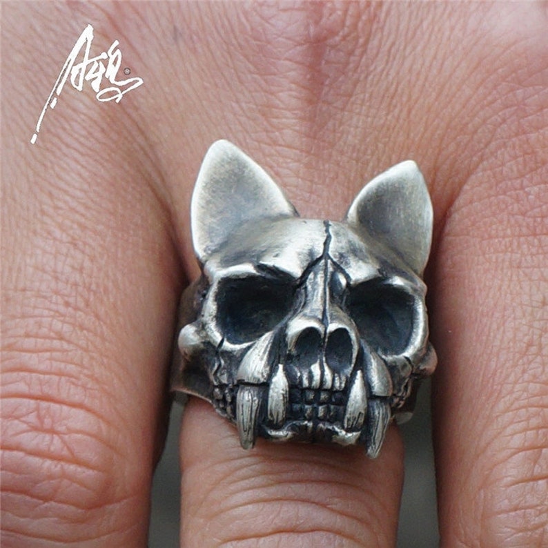 Pagoda Cat Skull Ring 925 Sterling Silver Ring Vintage Image Broken face Raven Ring Dog Animal Ring