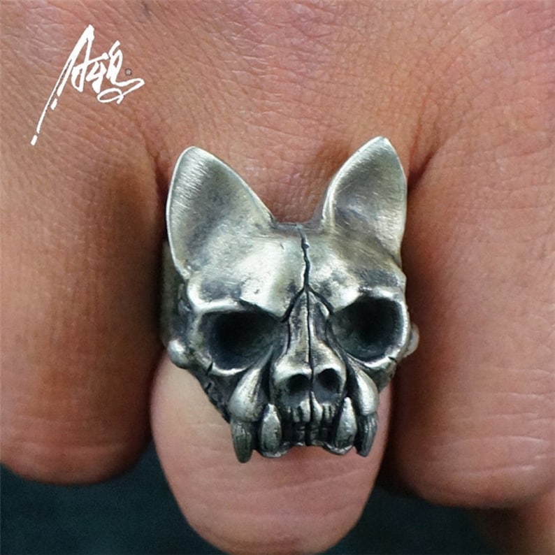 Pagoda Cat Skull Ring 925 Sterling Silver Ring Vintage Image Broken face Raven Ring Dog Animal Ring