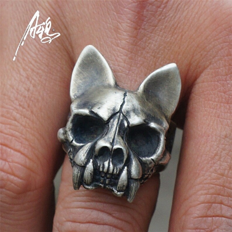 Pagoda Cat Skull Ring 925 Sterling Silver Ring Vintage Image Broken face Raven Ring Dog Animal Ring