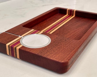 Bandeja para cargador MagSafe para iPhone: soporte de madera y bandeja recogedora de valet: soporte y bandeja para cargador inalámbrico Qi (cargador MagSafe no incluido)