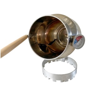 May include: A stainless steel, spherical smoker with a wooden handle and a temperature gauge. The smoker has a circular base and a small opening. The gauge displays both red and blue temperature ranges.