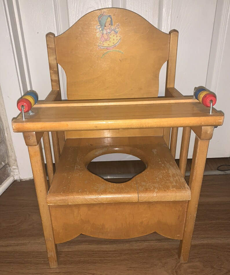 Vtg STORKLINE Wood Potty Training Chair Seat w/ Toys Top Opens Etsy
