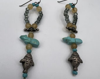 GORGEOUS Sterling Southwestern Turquoise Carved Fetish Beaded VTG Earrings Fish