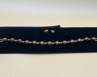 Joan Rivers Vintage Signed Red Enamel Ladybug Bracelet 7.5" w/ Matching Earrings