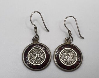 TAXCO Mexico Coral Inlay 925 Drop Dangle Earrings ~ Aztec Calendar Sterling