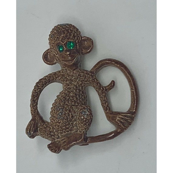 Signed Gerry’s Brown Enamel Monkey Pin w/Green Rh… - image 1