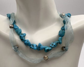 Vtg 925 Sterling Turquoise Nugget Beaded Necklace with Ribbon 17”