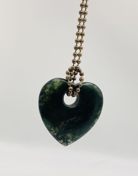 VTG Green MOSS AGATE Puffy Heart Pendant Sterling 