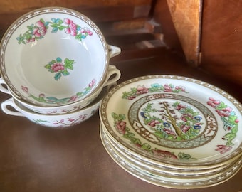 Set of 4 antique Coalport “Indian Tree” cream soup handled bowls with underplates