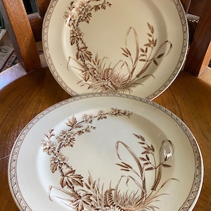 Rare c.1876-1883 set of 2 Thomas Gimbert Booth “Hawthorn” Aesthetic Movement brown transferware plates