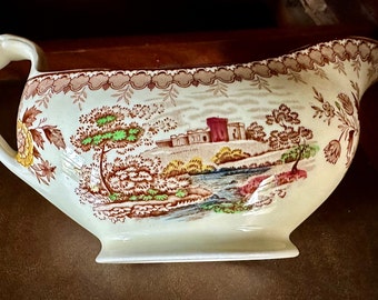 Vintage Ridgway “Woodland” polychrome transferware gravy boat