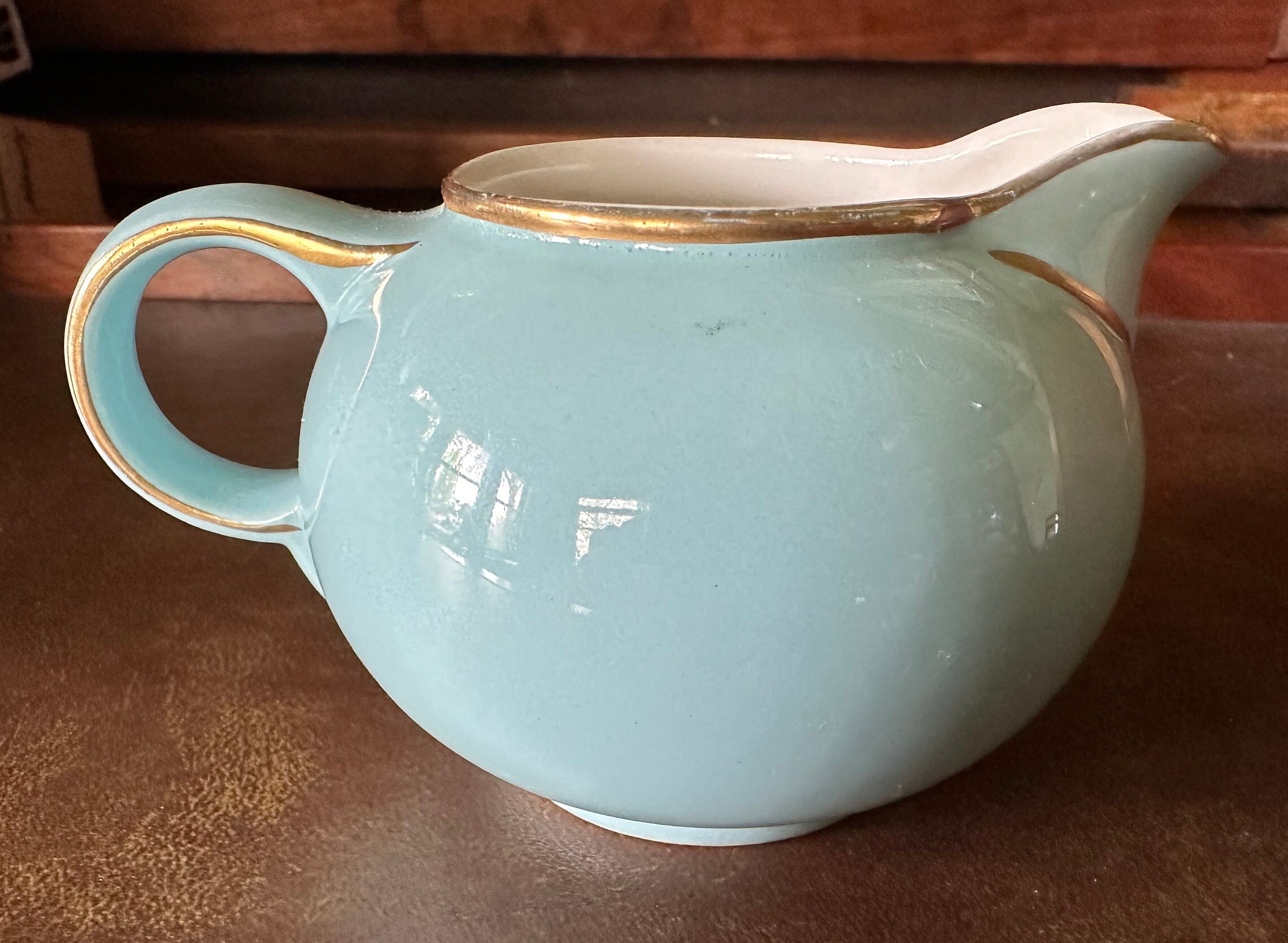 Hall Pottery Blue Bell Creamer: Robin's Egg Blue with Gilt Accents
