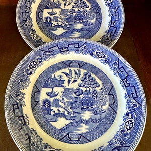 Set of 2 vintage c.1920s-30s Ridgways “Willow” blue transferware salad plates
