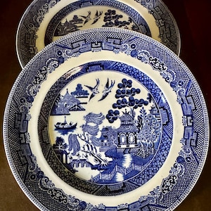 Set of 3 vintage Johnson Bros. “Willow” blue transferware salad plates