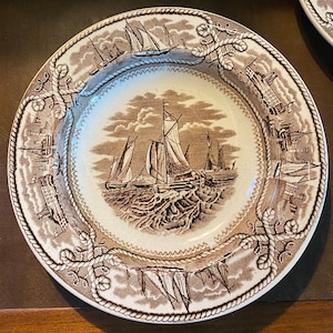 Rare set of 2 c.1862-1880s G.L. Ashworth & Bros. “American Marine” brown transferware wide rim soup bowls