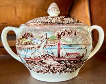 Vintage Johnson Bros. Historic America The Claremont on The Hudson River two-handled sugar bowl w/ lid