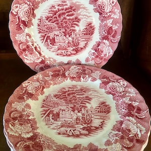Set of 6 vintage Wood & Sons “Enoch Wood’s English Scenery” red transferware dinner plates