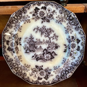 Antique Victorian Transferware Soup Plate | Black Chinoiserie Hong Pattern Staffordshire England
