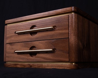 Handcrafted Walnut and maple Jewelry Box With Custom brass handles and brass Inlayed Shadowlines