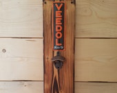 Enamel Shield VEEDOL MOTOR OIL 5 x 20 cm with Shou Sugi Ban Technique Flamed Douglas fir wood 49x14x3cm bottle opener bucket crown cork bottle