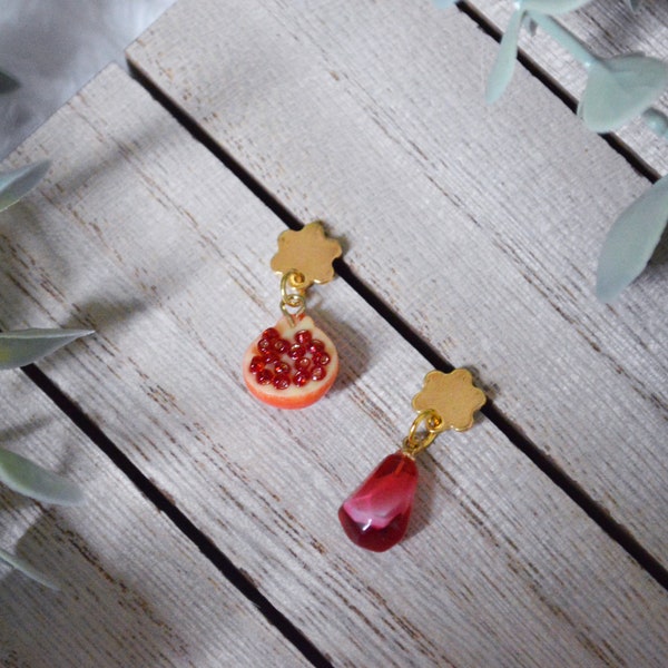 Persephone Earrings / Pomegranate earrings, Hades, Persephone, Ancient Greece, Fruity earrings, Quirky dangle earrings, Gold floral studs