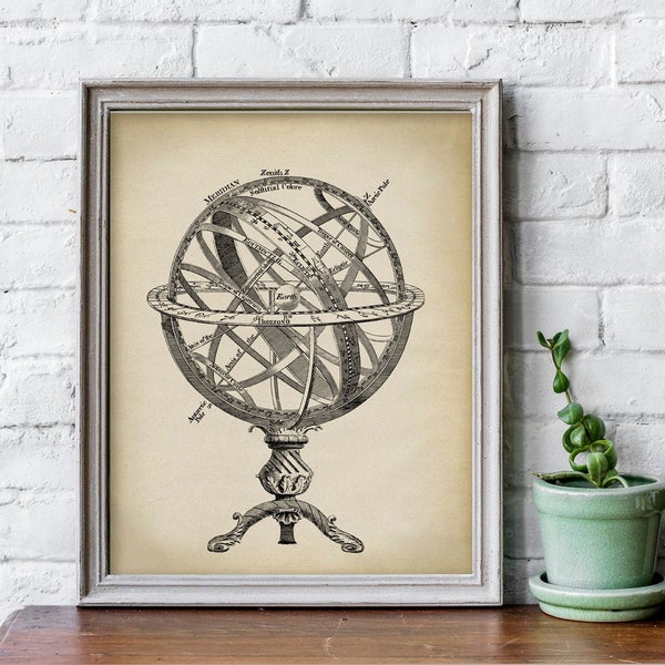 Astronomy Print, PRINTABLE Vintage Armillary Sphere Illustration, Celestial Globe, Terrestrial Globe Diagram, Old Scientific Drawing Art