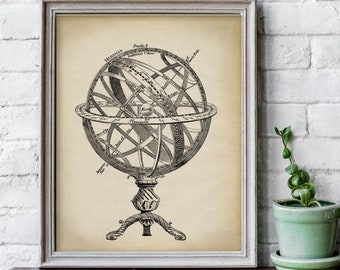 Astronomy Print, PRINTABLE Vintage Armillary Sphere Illustration, Celestial Globe, Terrestrial Globe Diagram, Old Scientific Drawing Art