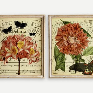 SET OF 2 Botanical Flower Collage Prints, Flowers and butterflies over an aged music sheet, PRINTABLE Vintage Botanical Art