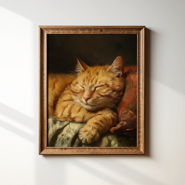 Sleeping cat painting, printable art, orange tabby cat print, farmhouse decor, moody aesthetic Print, cat lover gift, DIGITAL DOWNLOAD