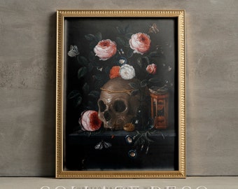 Gothic Still life painting, vintage heirloom with flowers a human skull and insects, moody dark academia wall decor, DIGITAL DOWNLOAD