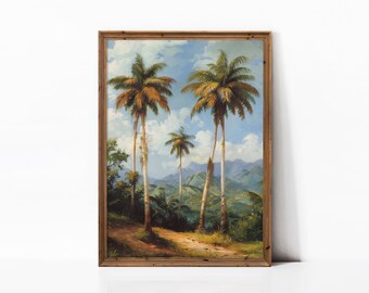 Printable tropical landscape painting, palm tree wall art, jungle forest print, beach farmhouse wall decor,  DIGITAL DOWNLOAD